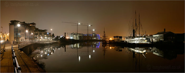 SS Great Britain at night with fog panoramic